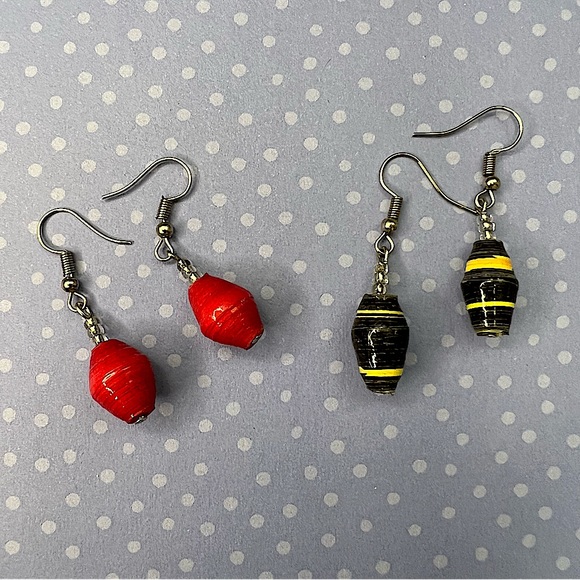 Project Lydia Paper Bead Handmade Earrings. 2 pair Red and Black and Yellow - Picture 1 of 8
